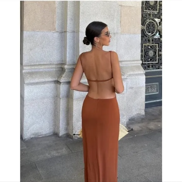 Zara Chocolate  Cut Out Maxi Dress Brown