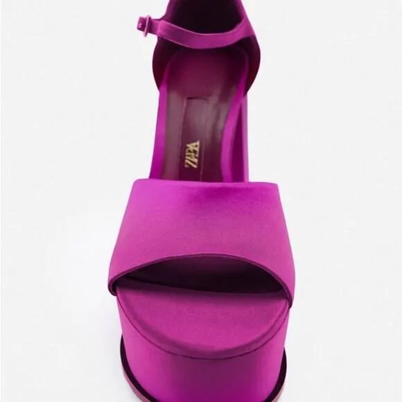 ZARA CHUNKY SATIN PLATFORM SANDALS FUCHSIA