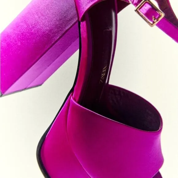 ZARA CHUNKY SATIN PLATFORM SANDALS FUCHSIA