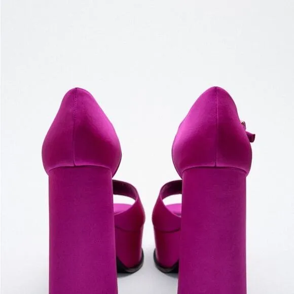 ZARA CHUNKY SATIN PLATFORM SANDALS FUCHSIA
