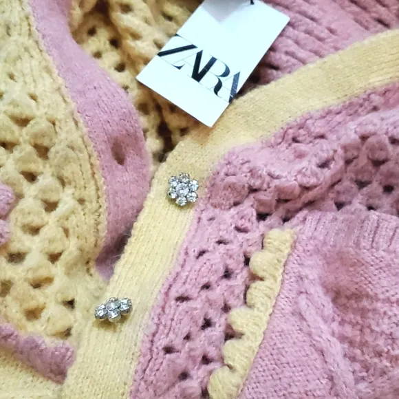 Zara* eyelet chunky knit oversized cardigan with jewel buttons