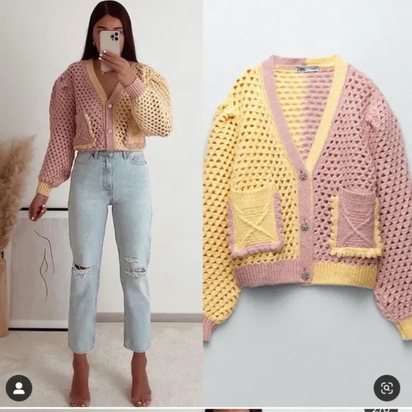 Zara* eyelet chunky knit oversized cardigan with jewel buttons