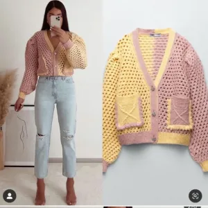 Zara* eyelet chunky knit oversized cardigan with jewel buttons