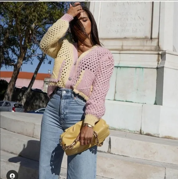 Zara* eyelet chunky knit oversized cardigan with jewel buttons