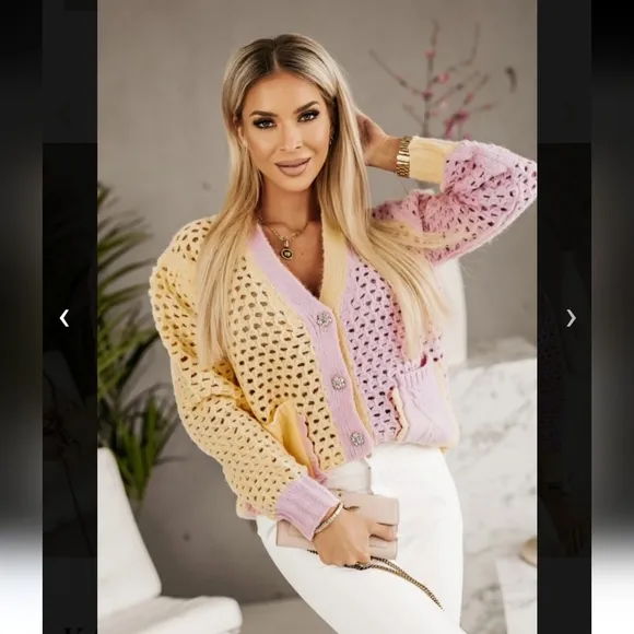 Zara* eyelet chunky knit oversized cardigan with jewel buttons