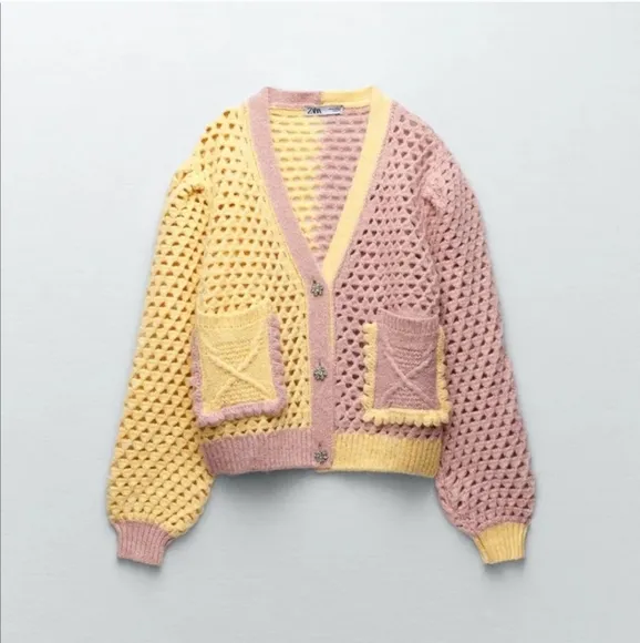 Zara* eyelet chunky knit oversized cardigan with jewel buttons