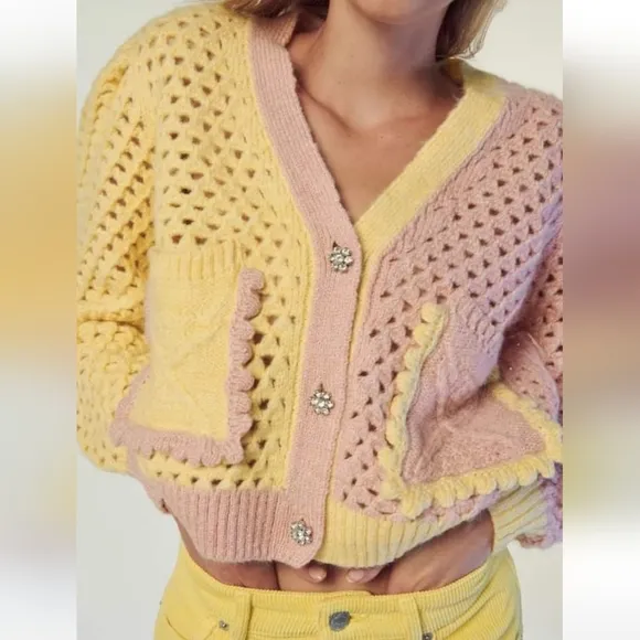 Zara* eyelet chunky knit oversized cardigan with jewel buttons