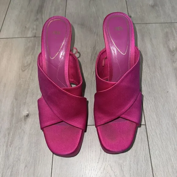 Zara Fuchsia Pink Open Toe Chunky High Heeled Platform Sandals Women's 41