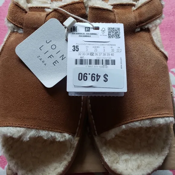 ZARA Girl Faux Shearling Leather Sandals NWT in Box