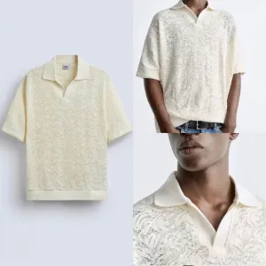Zara Men’s NWT Jacquard textured floral lace, knit V-neck collard shirt -cream