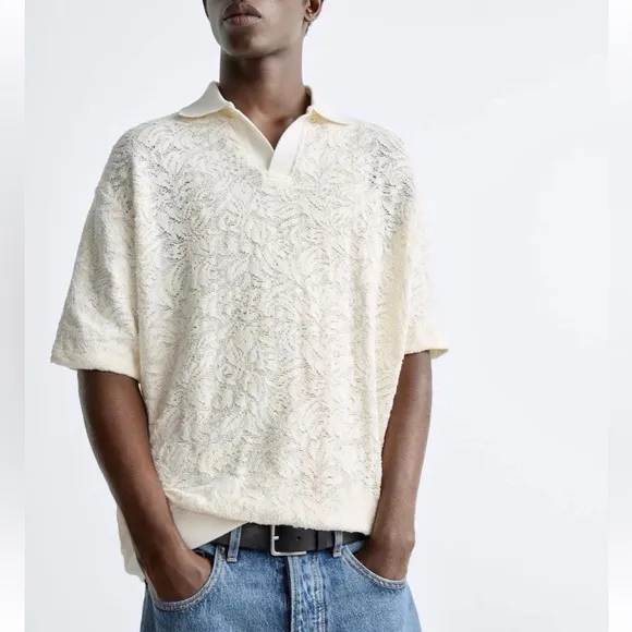 Zara Men’s NWT Jacquard textured floral lace, knit V-neck collard shirt -cream