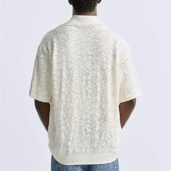 Zara Men’s NWT Jacquard textured floral lace, knit V-neck collard shirt -cream