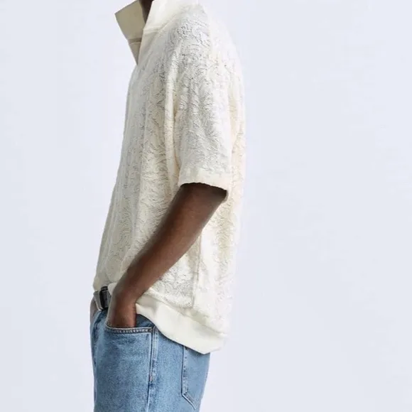 Zara Men’s NWT Jacquard textured floral lace, knit V-neck collard shirt -cream