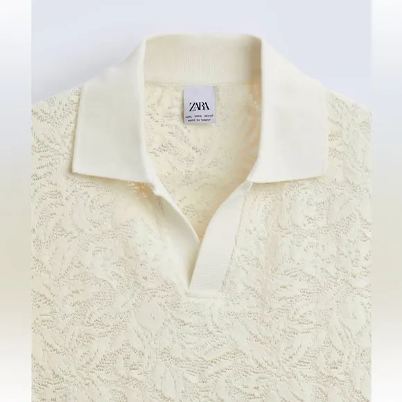Zara Men’s NWT Jacquard textured floral lace, knit V-neck collard shirt -cream