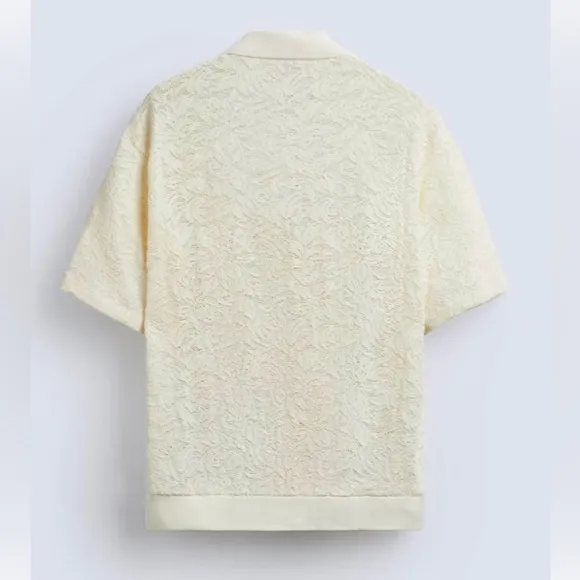 Zara Men’s NWT Jacquard textured floral lace, knit V-neck collard shirt -cream