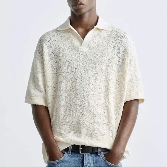 Zara Men’s NWT Jacquard textured floral lace, knit V-neck collard shirt -cream