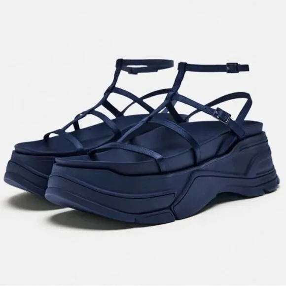 Zara Navy Blue Chunky Flatform Sandals Size 41 Y2K Gladiator X Fisherman Vibes