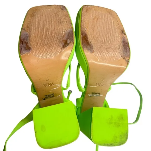 ZARA Neon Green Chunky Platform Strappy Sandals Heels US 8 EU 39 Block Pistachio