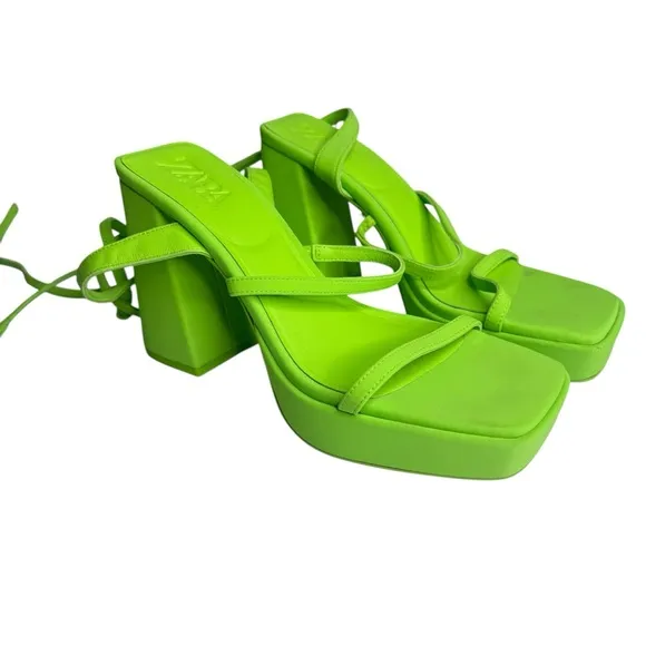 ZARA Neon Green Chunky Platform Strappy Sandals Heels US 8 EU 39 Block Pistachio