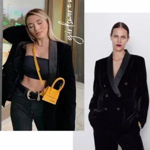 Zara NWOT black velvet velour blazer with satin collar double breasted buttons