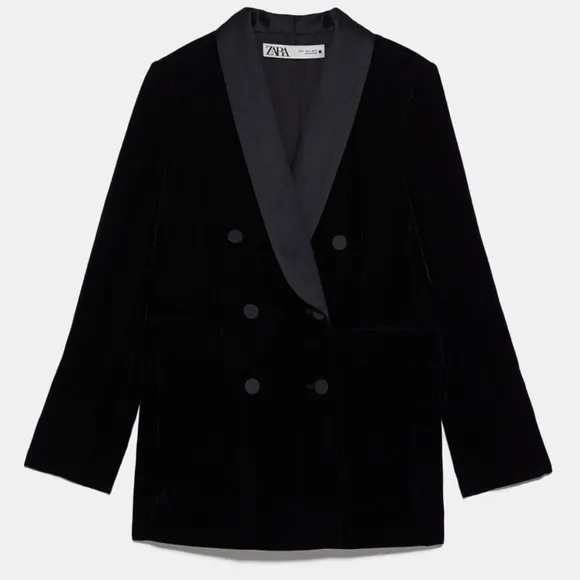 Zara NWOT black velvet velour blazer with satin collar double breasted buttons