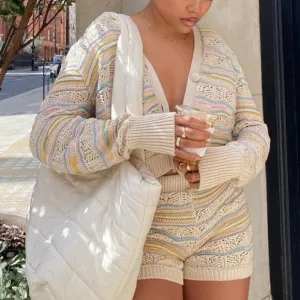 Zara NWT 2 piece Set Pointelle Knit Multicolor Pastel Cardigan Sweater &amp; Shorts