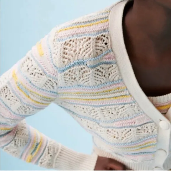 Zara NWT 2 piece Set Pointelle Knit Multicolor Pastel Cardigan Sweater &amp; Shorts