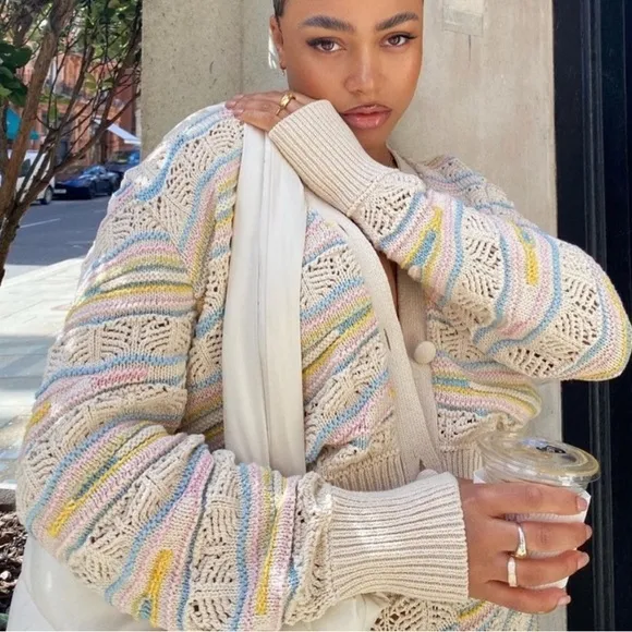 Zara NWT 2 piece Set Pointelle Knit Multicolor Pastel Cardigan Sweater &amp; Shorts