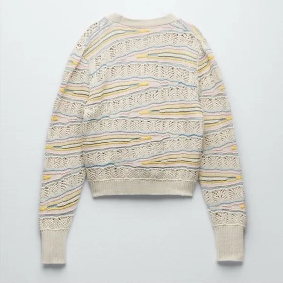 Zara NWT 2 piece Set Pointelle Knit Multicolor Pastel Cardigan Sweater &amp; Shorts