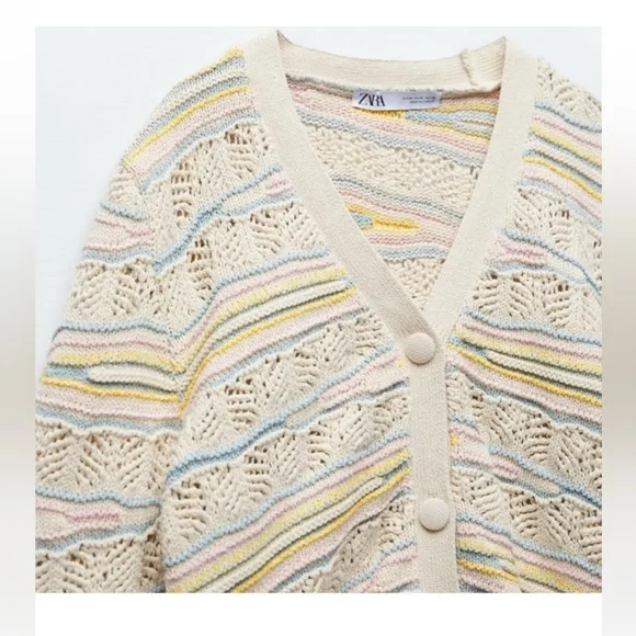 Zara NWT 2 piece Set Pointelle Knit Multicolor Pastel Cardigan Sweater &amp; Shorts