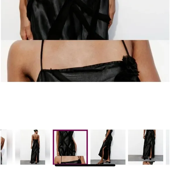 Zara NWT black satin &amp; mesh floral appliqué slip maxi dress with spaghetti strap
