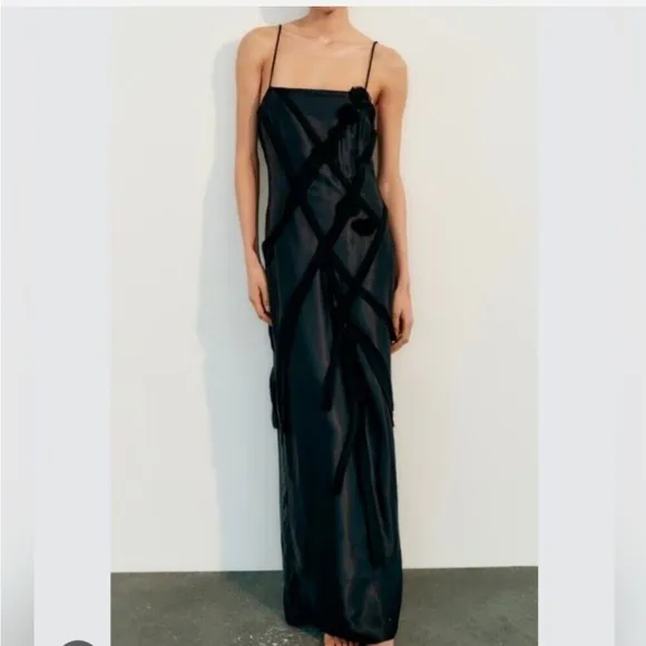 Zara NWT black satin &amp; mesh floral appliqué slip maxi dress with spaghetti strap