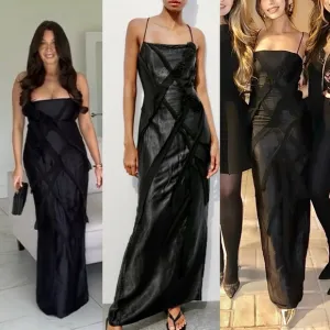 Zara NWT black satin &amp; mesh floral appliqué slip maxi dress with spaghetti strap