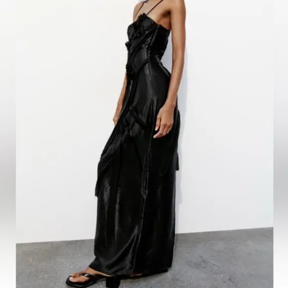 Zara NWT black satin &amp; mesh floral appliqué slip maxi dress with spaghetti strap