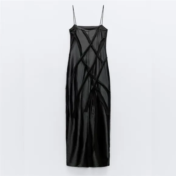 Zara NWT black satin &amp; mesh floral appliqué slip maxi dress with spaghetti strap