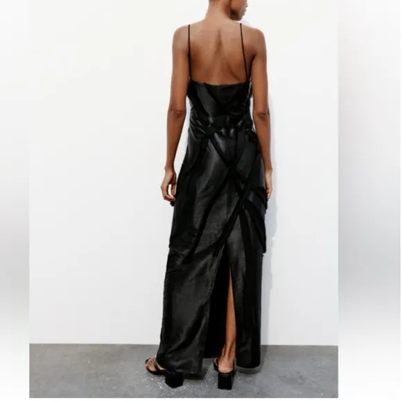 Zara NWT black satin &amp; mesh floral appliqué slip maxi dress with spaghetti strap