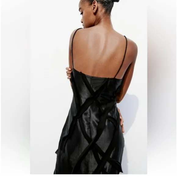 Zara NWT black satin &amp; mesh floral appliqué slip maxi dress with spaghetti strap