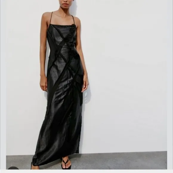 Zara NWT black satin &amp; mesh floral appliqué slip maxi dress with spaghetti strap