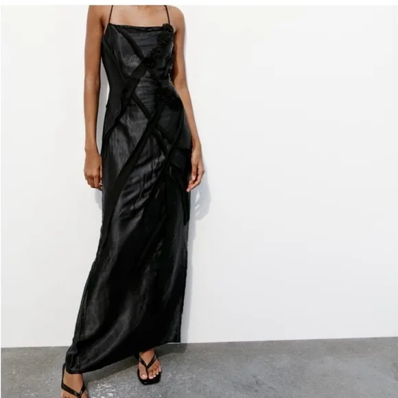 Zara NWT black satin &amp; mesh floral appliqué slip maxi dress with spaghetti strap
