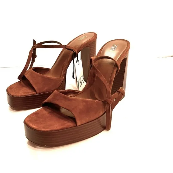Zara (NWT) BROWN SUEDE PLATFORM SANDALS, sz 9