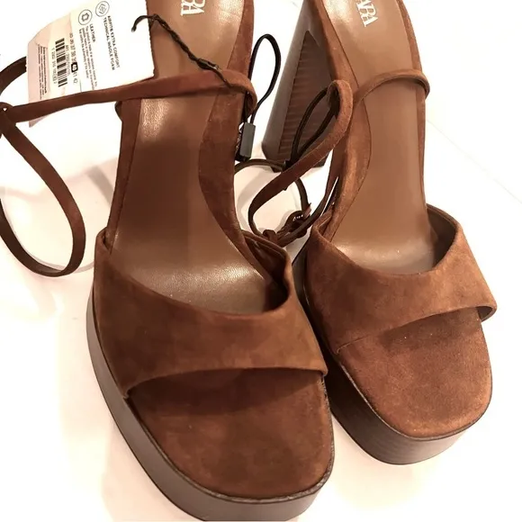 Zara (NWT) BROWN SUEDE PLATFORM SANDALS, sz 9