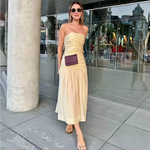 Zara NWT butter yellow ruched drop waist midi flowy summer dress