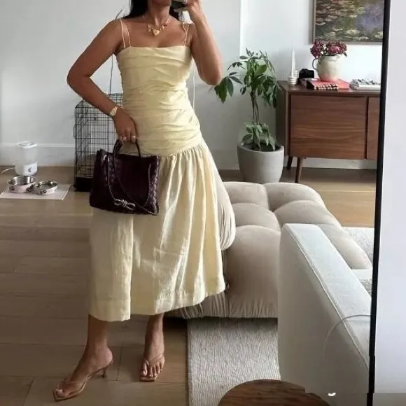 Zara NWT butter yellow ruched drop waist midi flowy summer dress