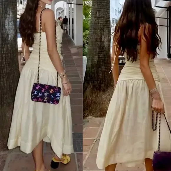 Zara NWT butter yellow ruched drop waist midi flowy summer dress