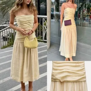Zara NWT butter yellow ruched drop waist midi flowy summer dress