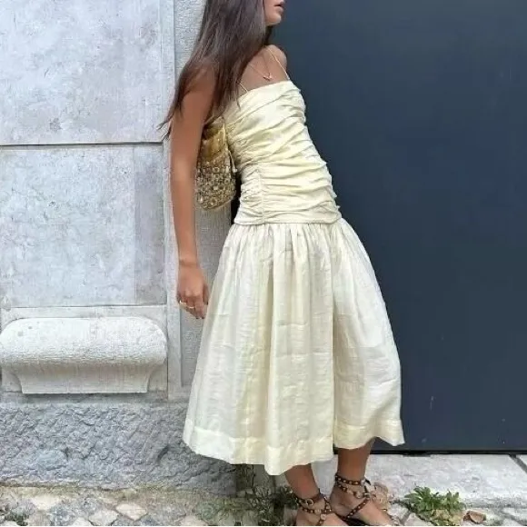 Zara NWT butter yellow ruched drop waist midi flowy summer dress