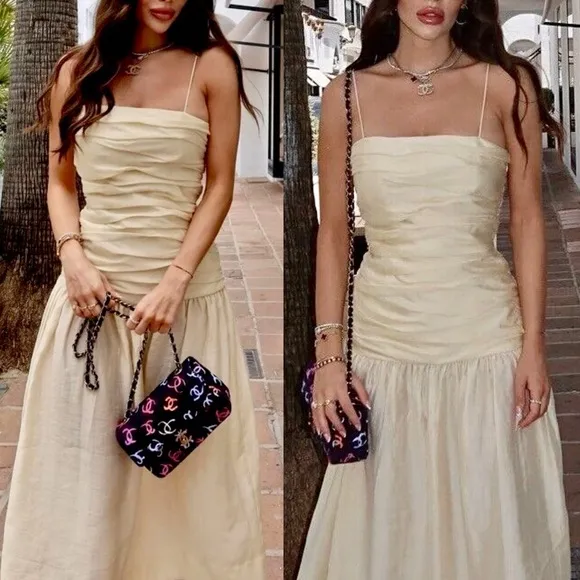 Zara NWT butter yellow ruched drop waist midi flowy summer dress