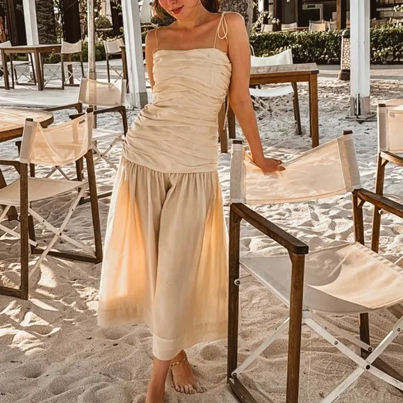 Zara NWT butter yellow ruched drop waist midi flowy summer dress