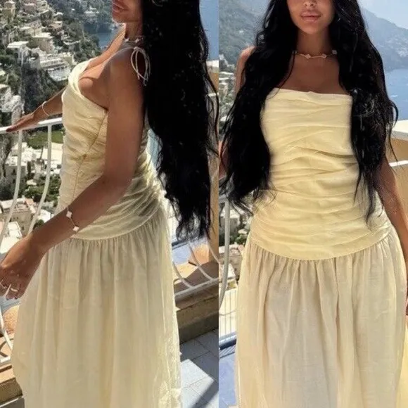 Zara NWT butter yellow ruched drop waist midi flowy summer dress