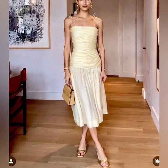 Zara NWT butter yellow ruched drop waist midi flowy summer dress